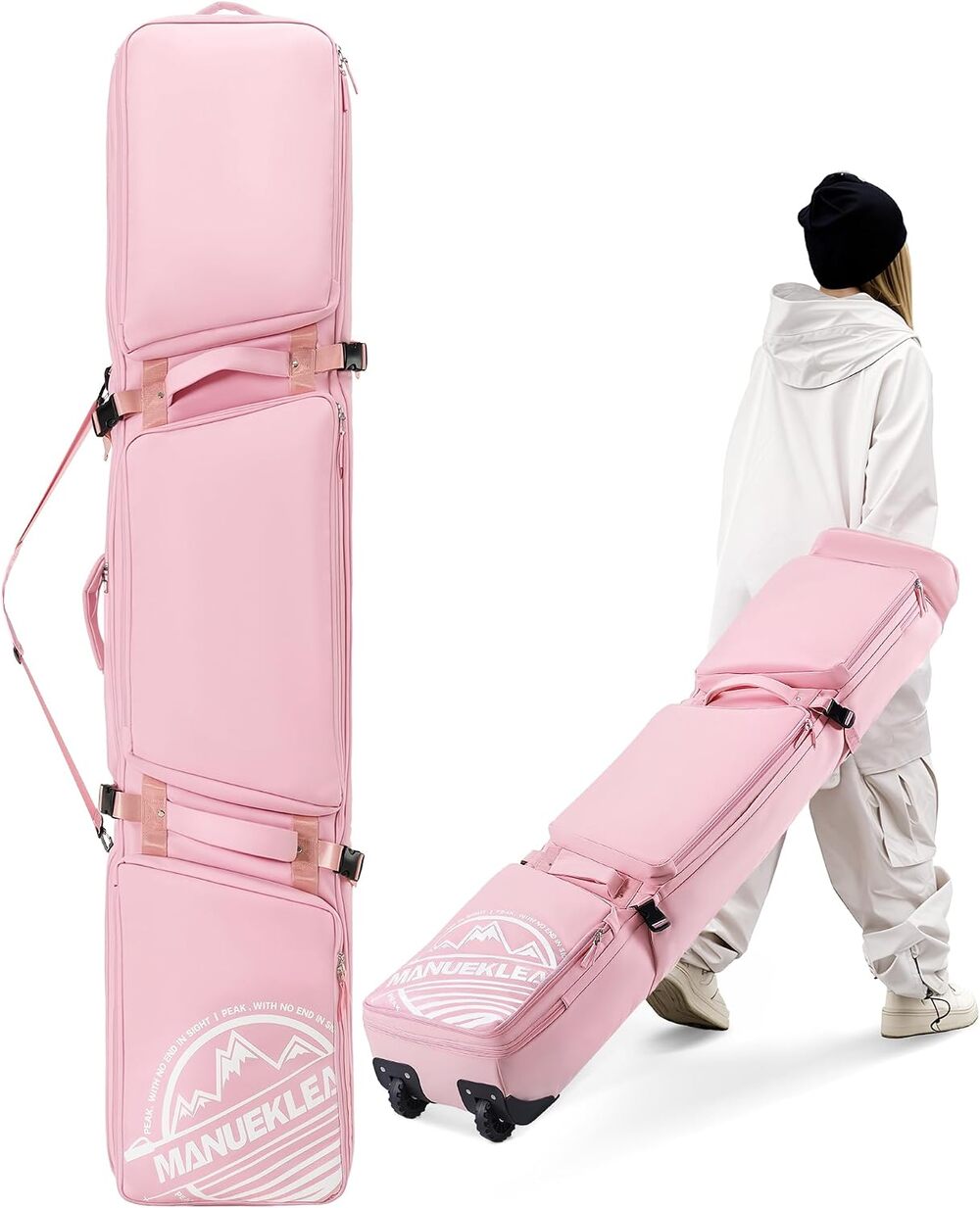 MANUEKLEAR Rolling Ski Travel Bag 190cm Pink Waterproof Wheeled Ski Bag